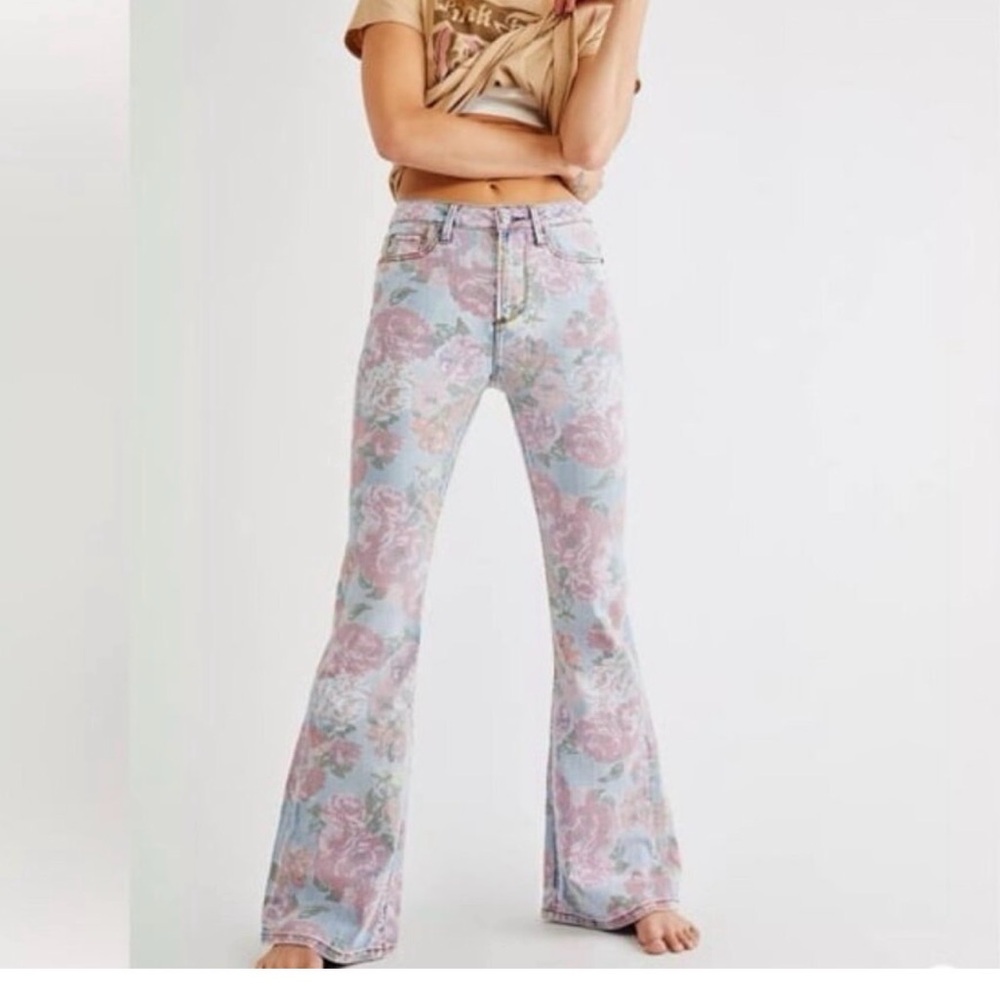 Free People Floral Flare Jeans - Pink & Blue